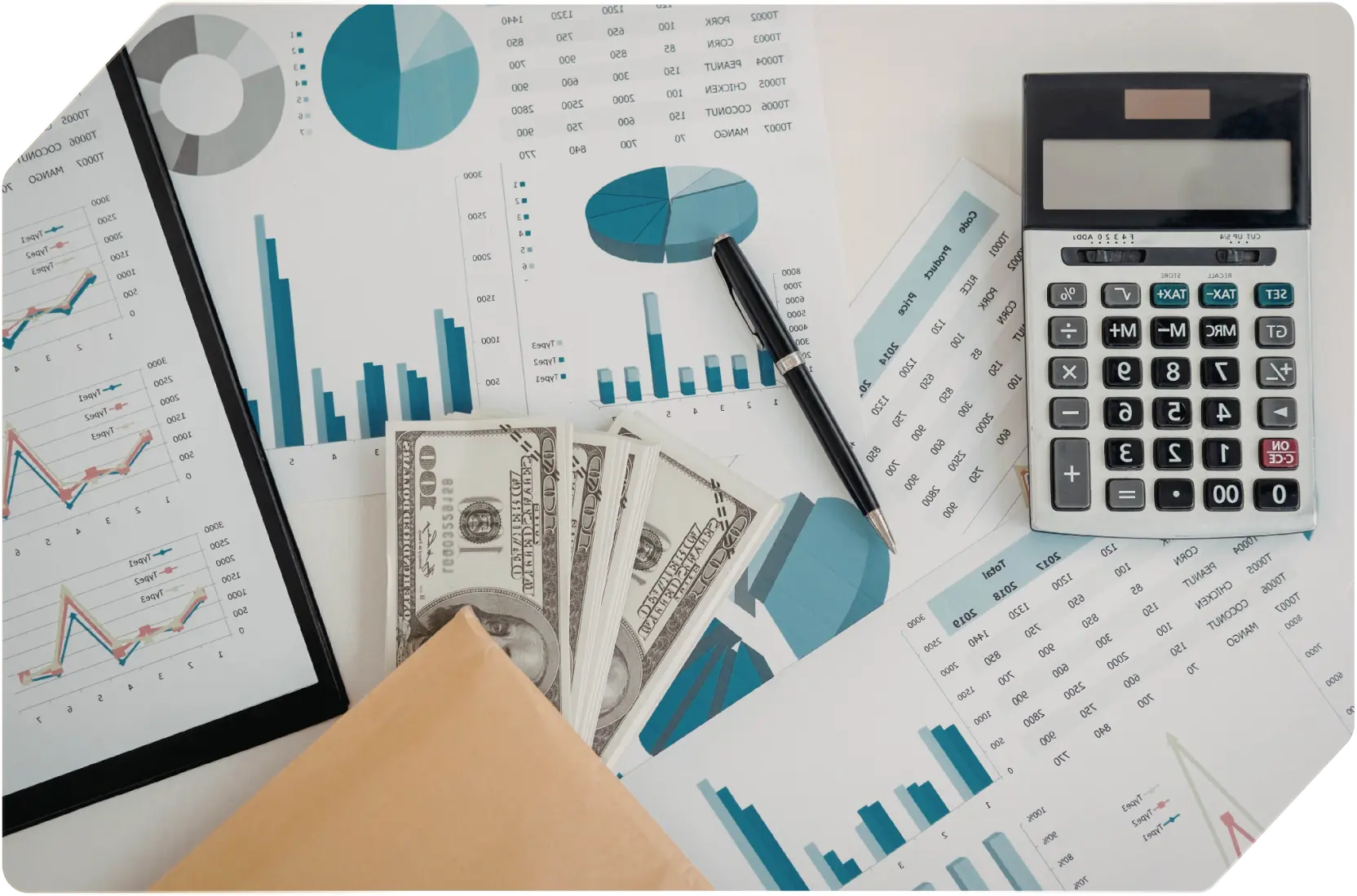Financial charts, calculator, and documents on a desk